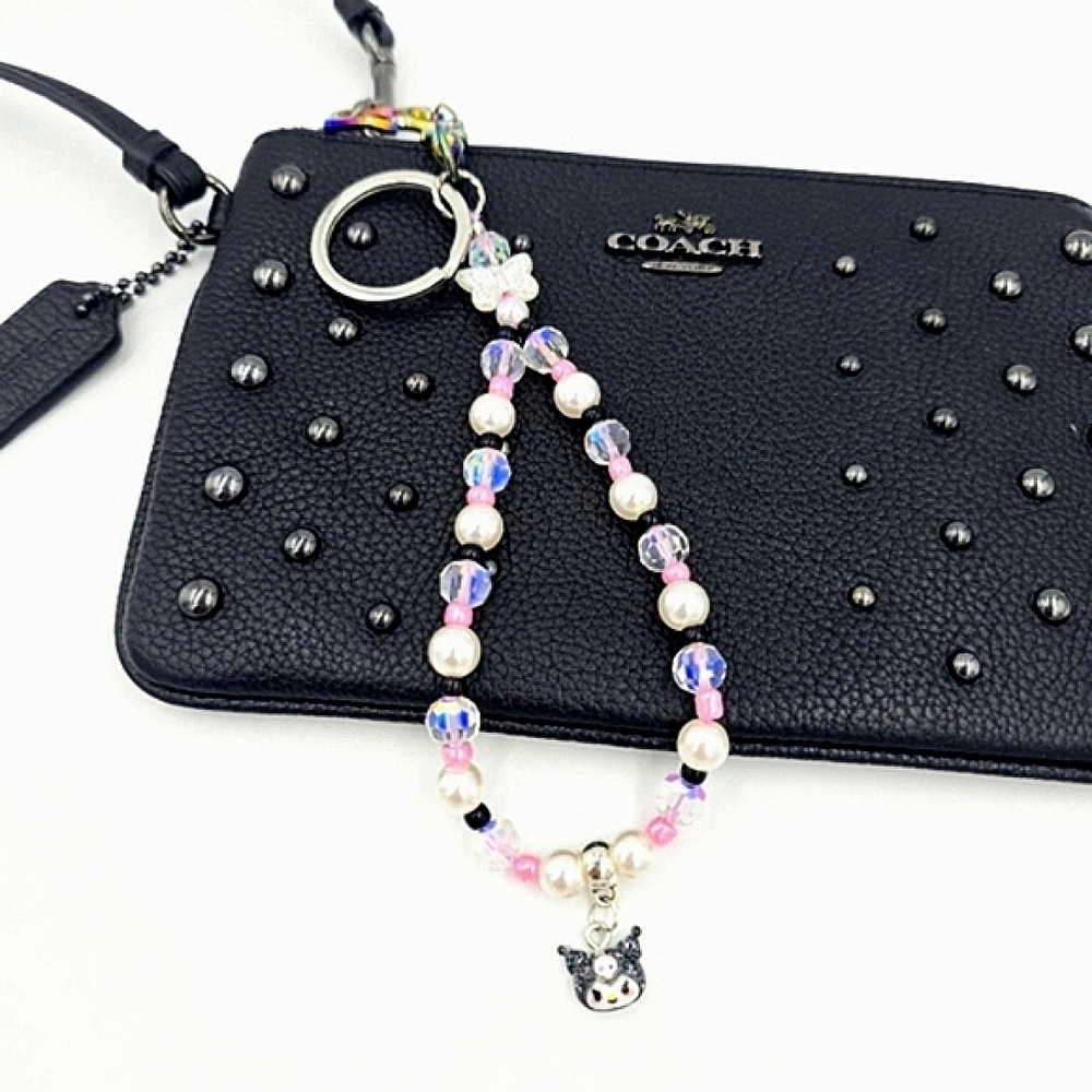 Handmade Kuromi Keychain Bag Charm, Pearls, Beads, & AB Crystals